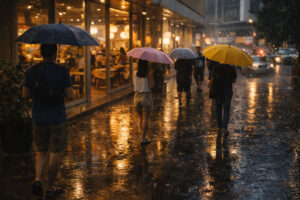 Rainy-day plan change using Tagalog travel phrases for vacation to find an indoor spot