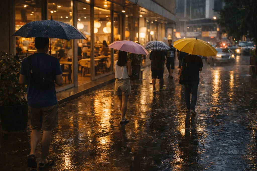 Rainy-day plan change using Tagalog travel phrases for vacation to find an indoor spot