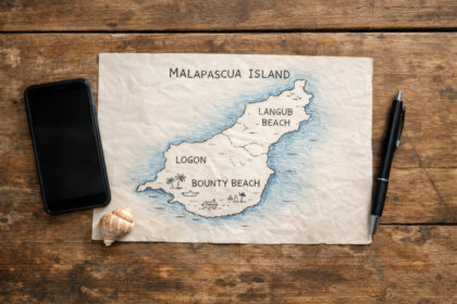 Where To Stay In Malapascua: Best Areas For First-Timers Flat lay planning map for where to stay in malapascua showing Logon Bounty Beach and Langub zones