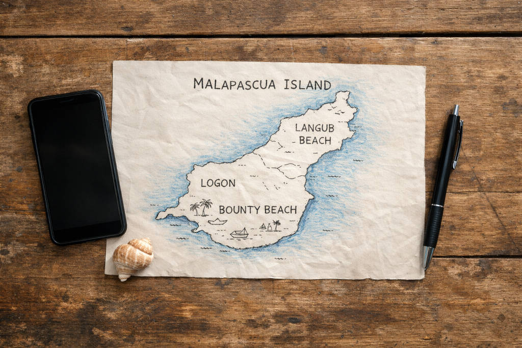 Where To Stay In Malapascua: Best Areas For First-Timers Flat lay planning map for where to stay in malapascua showing Logon Bounty Beach and Langub zones