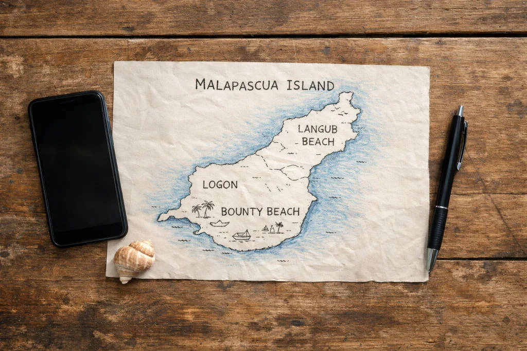 Flat lay planning map for where to stay in malapascua showing Logon Bounty Beach and Langub zones