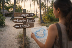 Island signpost pointing to areas for where to stay in malapascua