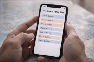Zambales Itinerary 7 Days route plan on a phone with two bases and buffer days