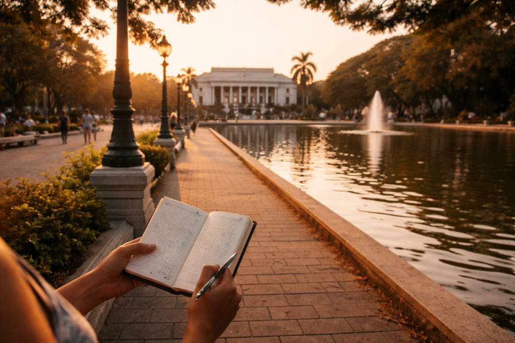 Bacolod itinerary 7 days view of Capitol Park and Lagoon in Bacolod during golden hour