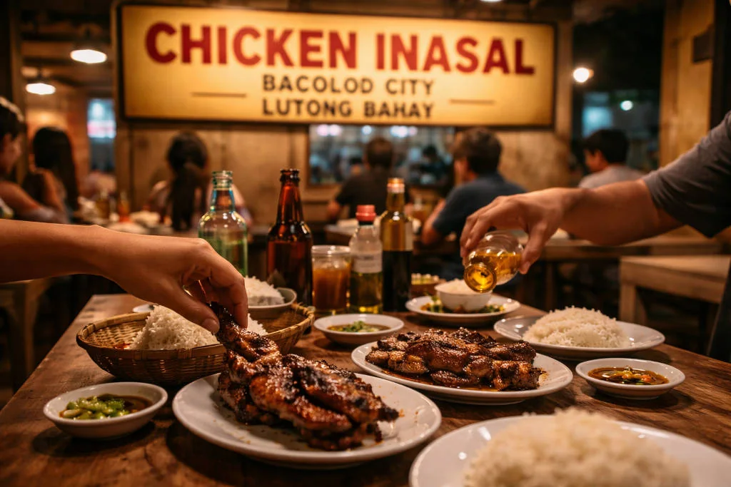 Bacolod itinerary 7 days Chicken Inasal dinner in Bacolod with simple table setup