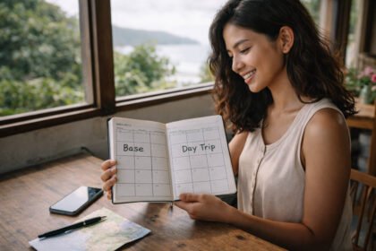 Avoiding Overplanning In The Philippines: A Simple Base Plus Day Trips Method base and day trips Philippines featured image of Mika Santos smiling with a simple calendar notebook plan