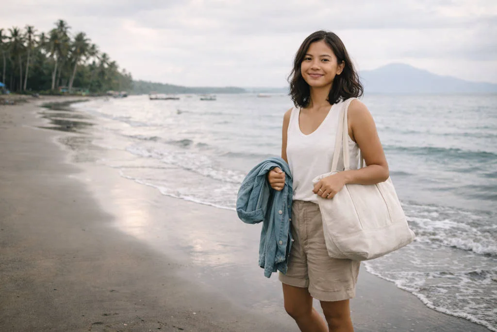 Mika Santos on a quiet shoreline for Best Beaches In Sorsogon planning