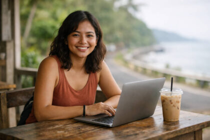 Mika smiling at a laptop at one of the Best cafes in Camiguin with iced coffee and a calm coastal vibe