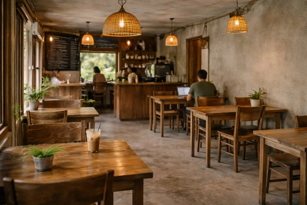 Camiguin cafe interior with tables suitable for laptop work at the Best cafes in Camiguin