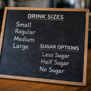 Camiguin cafe menu board showing drink sizes and sugar level options at the Best cafes in Camiguin
