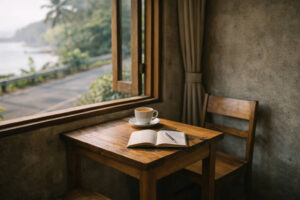 Quiet window seat in a Camiguin cafe ideal for morning work at the Best cafes in Camiguin