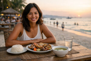 Best Restaurants In Boracay featured image of Mika smiling at a Boracay beachfront restaurant at sunset with grilled seafood and rice
