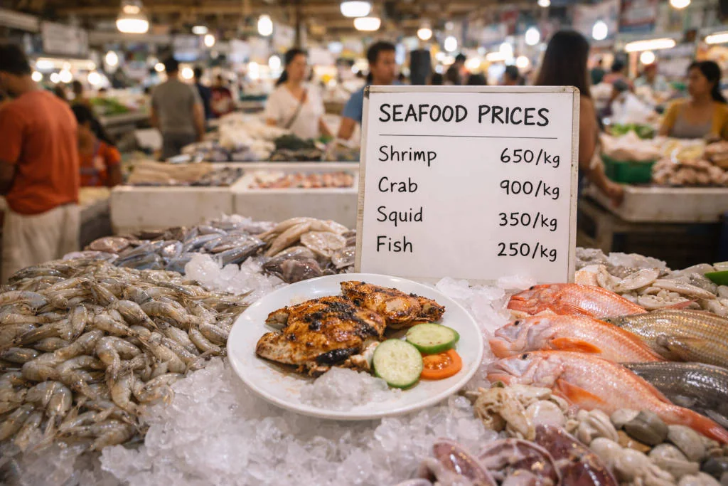 Best Restaurants In Boracay paluto seafood selection with seafood on ice and posted prices