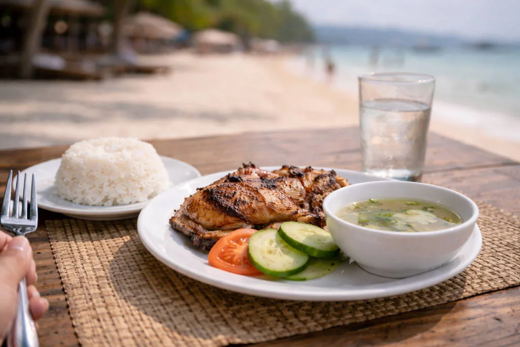 Best Restaurants In Boracay safe Filipino meal order with grilled dish rice and simple soup