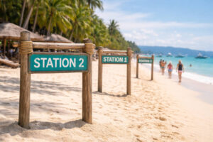 Best Restaurants In Boracay guide showing Station 1 Station 2 Station 3 beachfront markers for dining areas