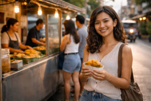Mika Santos Smiling In Laoag City Ilocos Norte Holding An Ilocos Empanada Near The best restaurants in Ilocos Norte