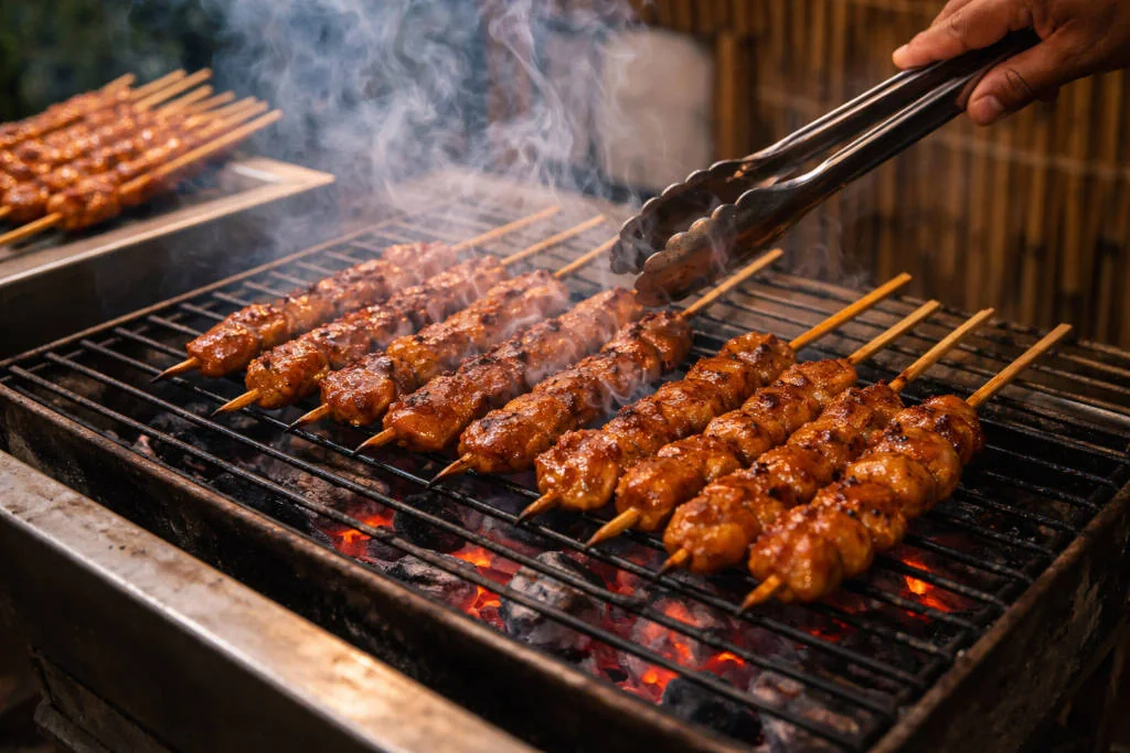 Grilled BBQ Skewers Cooking At A General Luna Siargao Grill Spot Among The best restaurants in Siargao