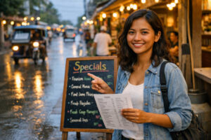 Mika Santos Smiling On Tourism Road In General Luna Siargao Choosing A Restaurant For The best restaurants in Siargao