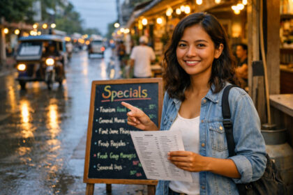 Mika Santos Smiling On Tourism Road In General Luna Siargao Choosing A Restaurant For The best restaurants in Siargao