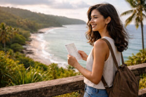 best time to visit Sorsogon featured photo of Mika Santos smiling in Sorsogon Province holding a month-by-month travel checklist