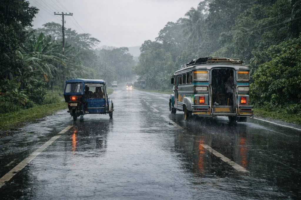 best time to visit Sorsogon wet season realism showing rainy season road conditions in Sorsogon Province during a trip