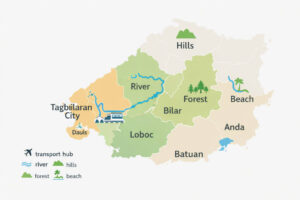 Bohol Countryside base zones map for where to stay in Bohol countryside showing Tagbilaran City, Loboc, Bilar, Carmen, Batuan, Anda, Dauis