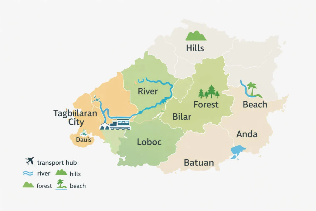 Bohol Countryside base zones map for where to stay in Bohol countryside showing Tagbilaran City, Loboc, Bilar, Carmen, Batuan, Anda, Dauis