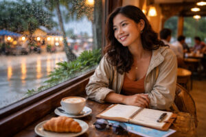 Boracay rainy season travel with Mika Santos smiling in a cozy Boracay café