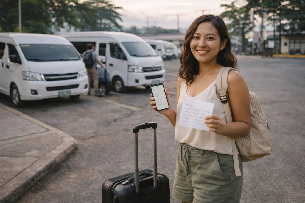 Cagayan de Oro to Camiguin - Mika smiling with small luggage and ferry-ready checklist before the Balingoan Port crossing