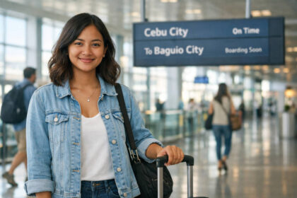 Mika smiling with suitcase planning Cebu City to Baguio route beside an airport departure board