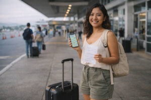 Davao City to Vigan - Mika smiling with carry-on and travel checklist at a Davao airport departures area