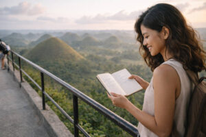 Mika smiling at Chocolate Hills viewpoint while planning day trips from Bohol Countryside