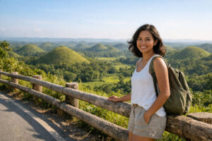 Mika Santos smiling on a quiet road viewpoint for where to stay in Bohol countryside with green hills in the background