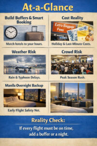 flights and hotels in the philippines at a glance showing airport buffers, hotel timing, weather risk, crowd risk, and a Manila overnight backup for calmer travel planning