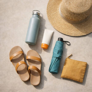 Water, hat, sunscreen, and small umbrella for free things to do in Boracay on a walking day