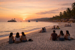 Sunset on White Beach in Boracay for free things to do in Boracay with people sitting on the sand