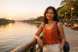 Mika smiling during golden hour on the Iloilo River Esplanade, one of the free things to do in Iloilo City