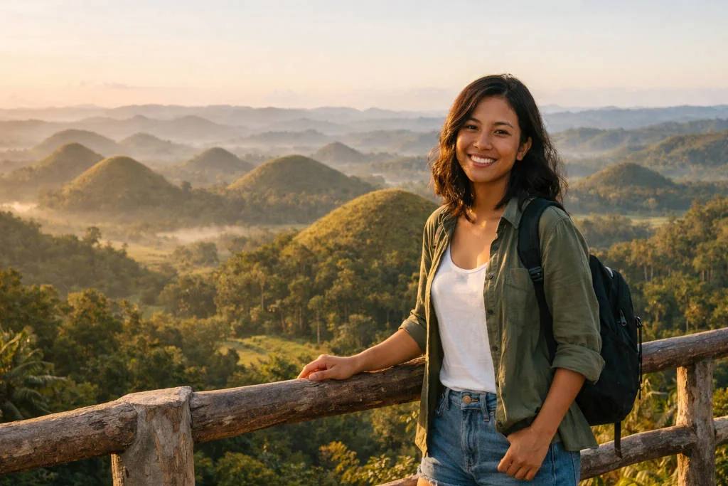 how many days in Bohol Countryside guide featuring Mika Santos smiling at Chocolate Hills viewpoint