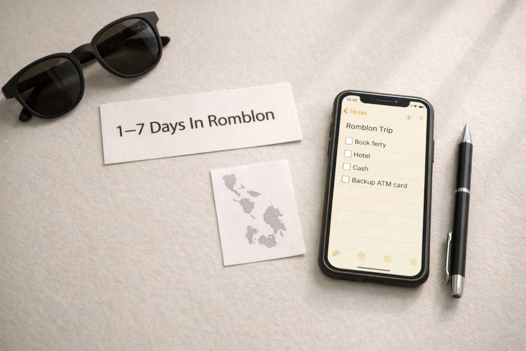 How Many Days In Romblon simple trip length guide flat-lay with 1–7 days decision card and planning notes