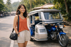 how to get around Camiguin with Mika Santos beside a Tricycle in Mambajao