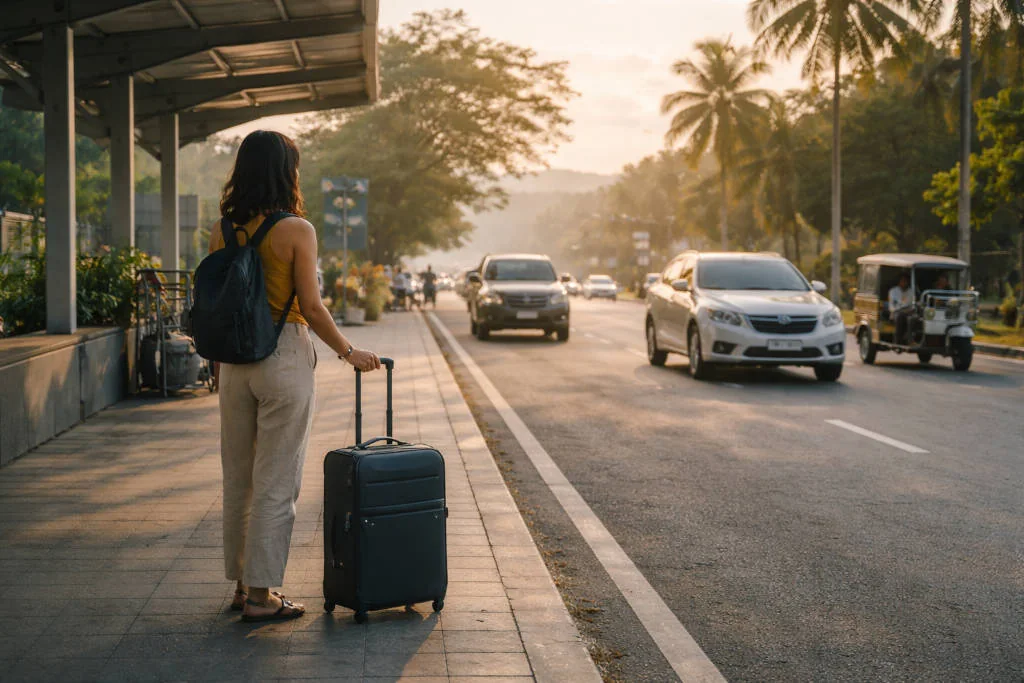 Iloilo City To Siargao early morning departure scene in Iloilo City with traveler and luggage waiting for airport transfer.