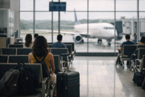 Iloilo City To Siargao domestic flight connection gate scene showing calm airport waiting area and aircraft outside.