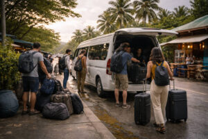 Iloilo City To Siargao arrival in Siargao with shared van transfer and luggage near airport pickup area in safe evening light.