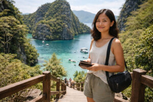 Mika smiling at Kayangan Lake viewpoint with wallet and phone cueing Kayangan Lake Entrance Fee budgeting