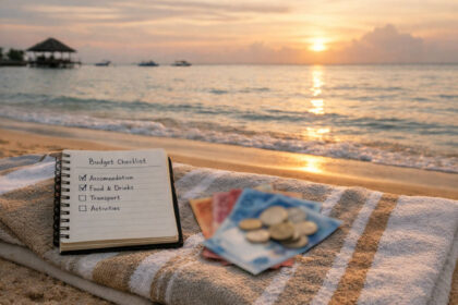 Mactan Travel Budget: Sample Daily Costs (Budget vs Comfort) Mactan travel budget planning on the beach with a notebook and pesos