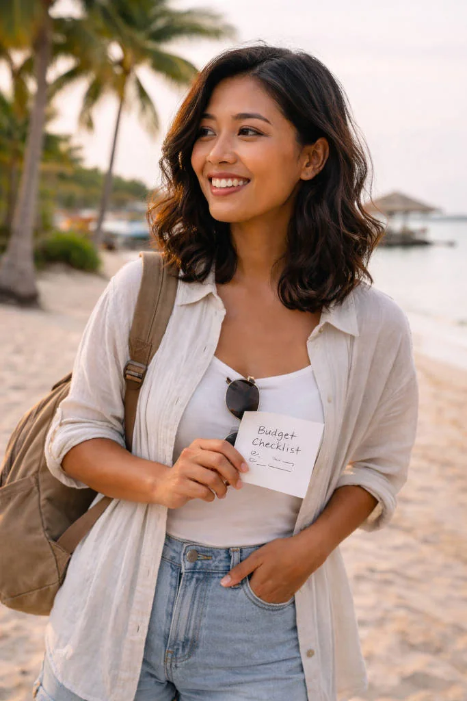 Mika smiling in Mactan holding a simple Mactan travel budget checklist