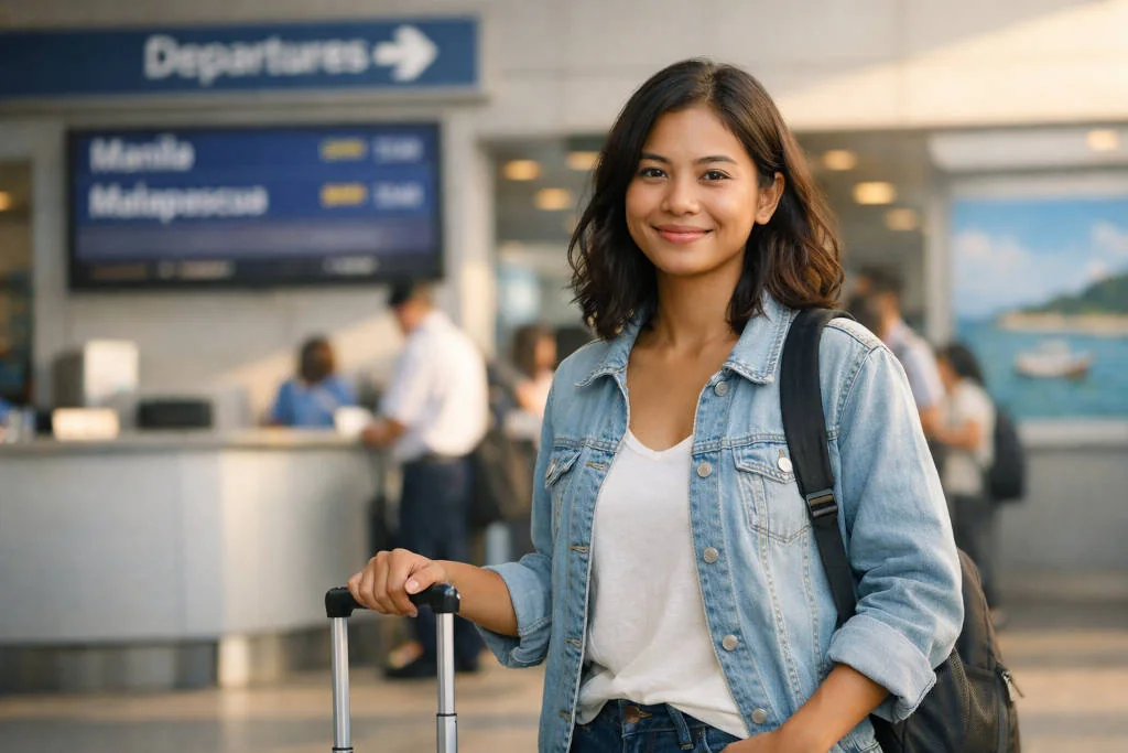 Mika Santos at an airport departure area for Manila to Malapascua trip planning
