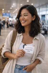 Mika smiling while holding a Clark to Iloilo City ticket and screenshot checklist