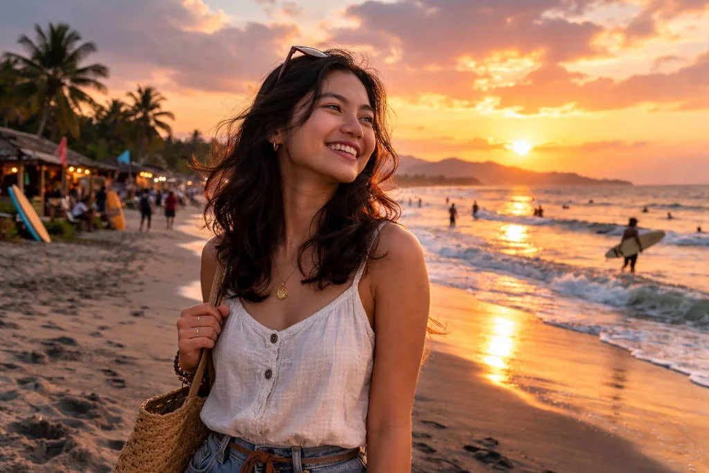 Mika smiling at Liwliwa Beach San Felipe during golden hour, Photography Spots In Zambales