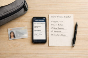 Puerto Princesa to Bohol low-stress travel planning essentials flat-lay with phone, ID, and checklist
